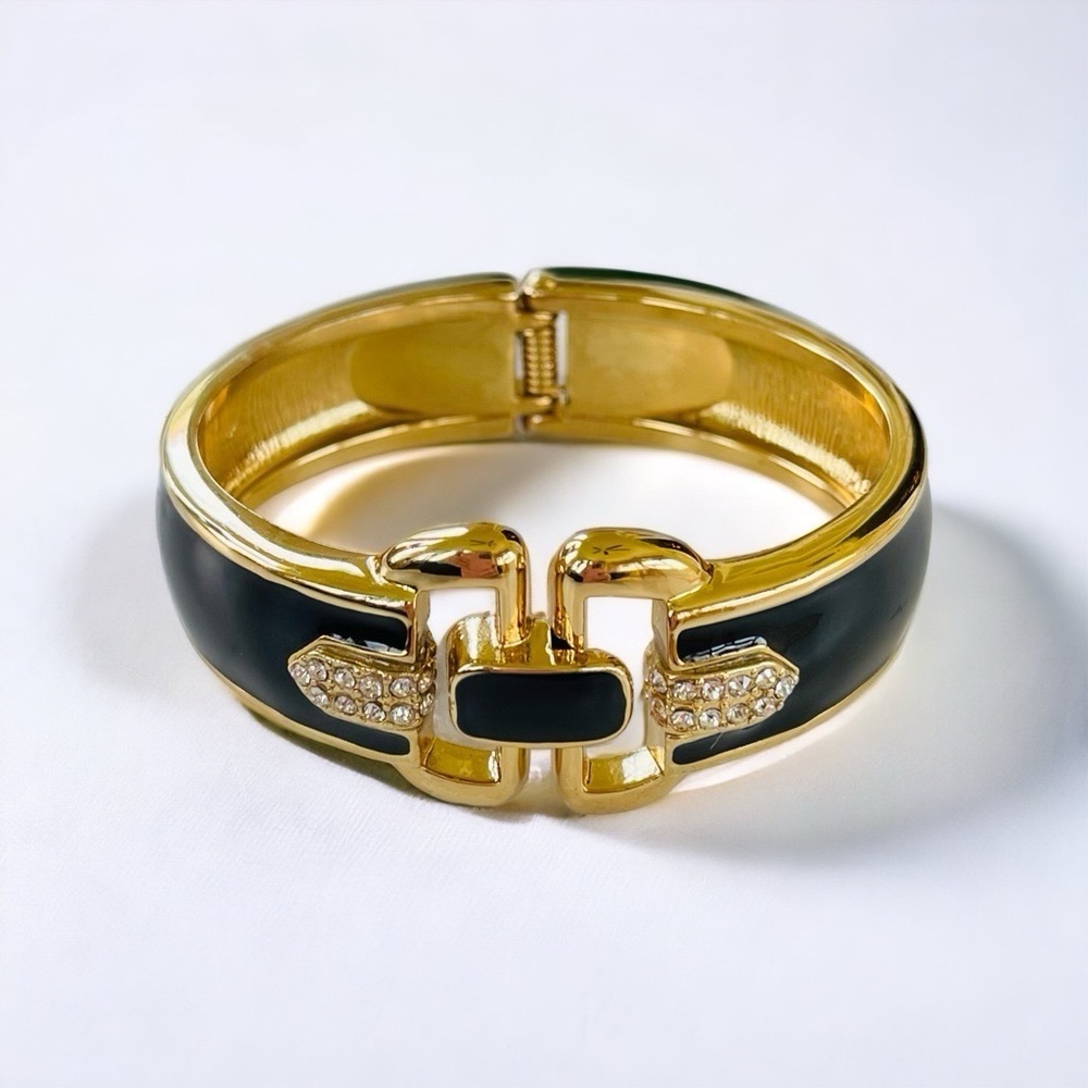 Stella & Dot Duchess Buckle Bangle Gold Tone Black and Rhinestones